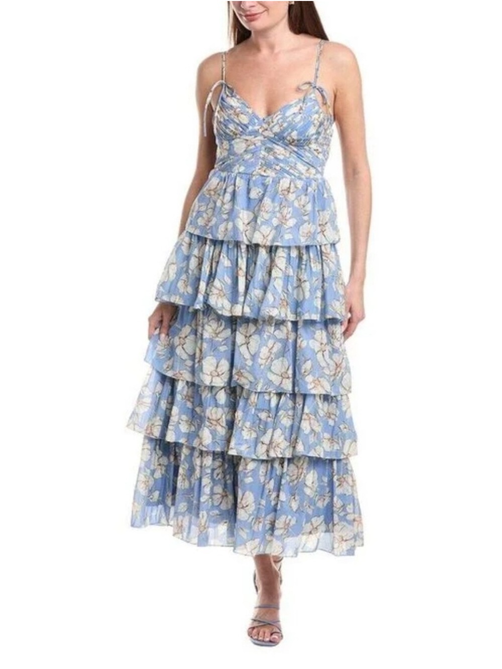 En Saison Blue Floral Tiered Maxi Dress with Spaghetti Straps SMALL unworn